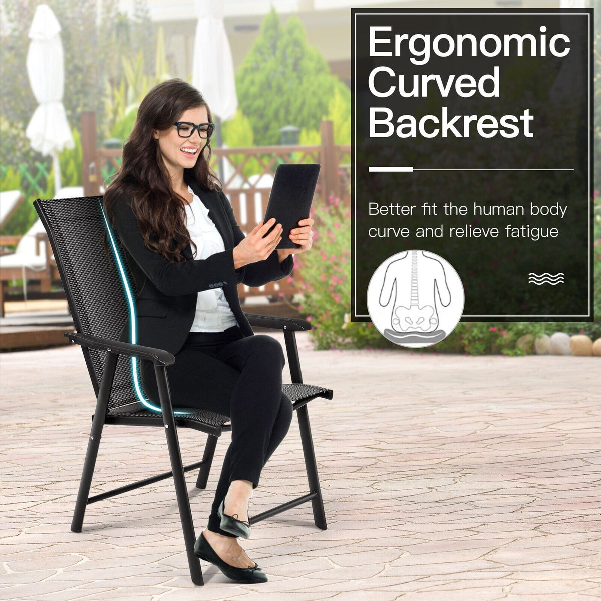 Set of 2 Folding Outdoor Dining Chairs with Ergonomic Armrests-Grey