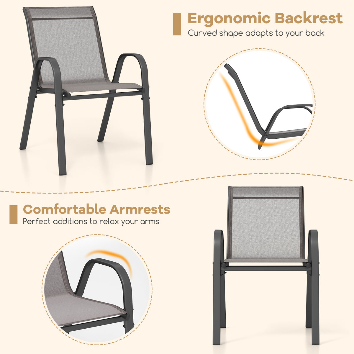 Set of 2 Patio Stackable Metal Dining Chairs with Armrests-Grey