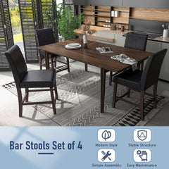 The bar stools set around a wooden dining table with icons highlighting product features