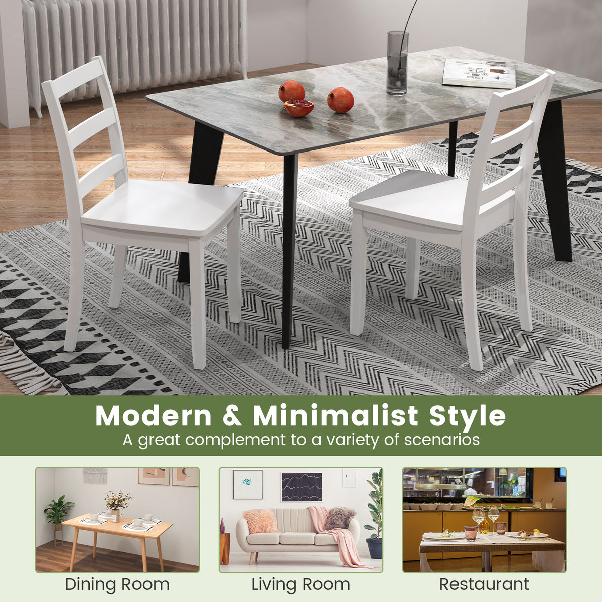 Set of 4 Dining Chairs with Back Armless Chairs with Solid Rubber Wood Legs-White