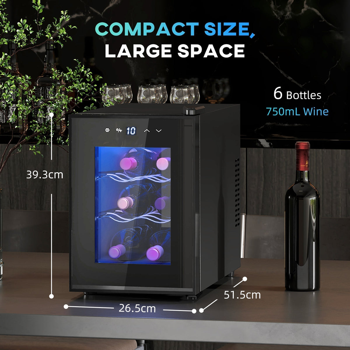 HOMCOM Six Bottle 8-18 degrees C Countertop Wine Fridge - Black