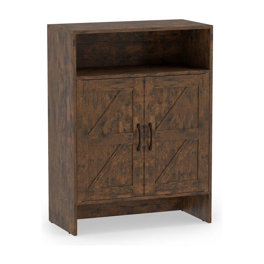 Shoe cabinet with 2 barn doors, a brown wooden storage unit with two X-design doors and an open top shelf