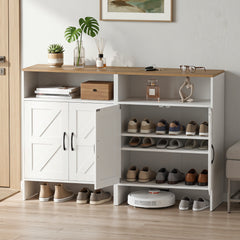 Shoe Cabinet with 2 Barn Doors and Adjustable Shelves for Entryway-White