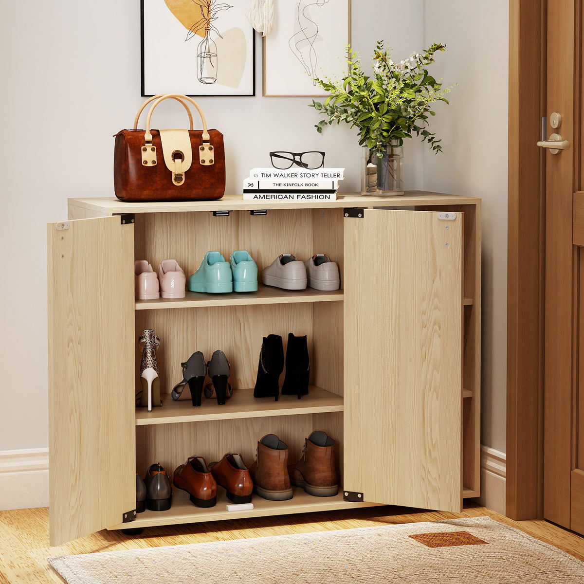 3-Tier Shoe Cabinet with Doors and Adjustable Open Shelves-Natural