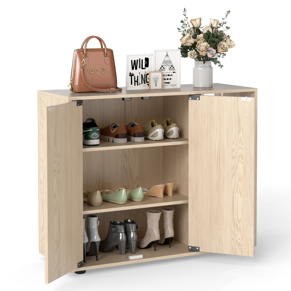 3-Tier Shoe Cabinet with Doors and Adjustable Open Shelves-Natural