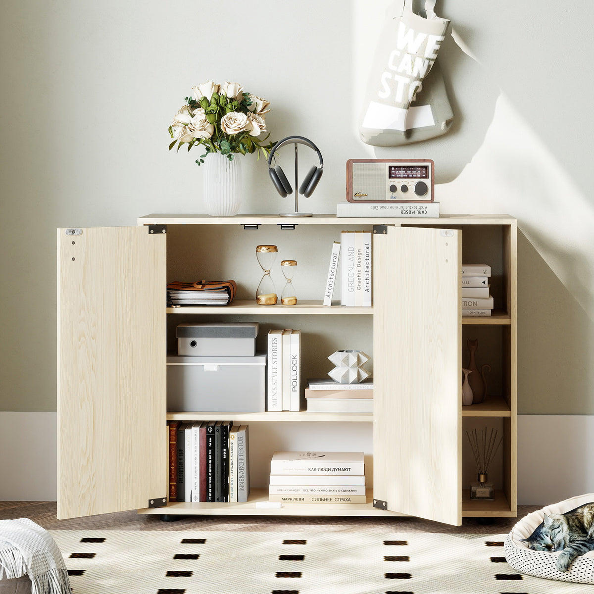 3-Tier Shoe Cabinet with Doors and Adjustable Open Shelves-Natural