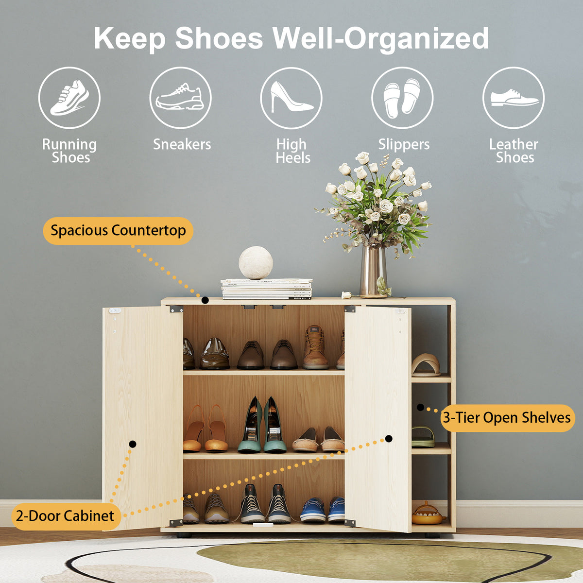 3-Tier Shoe Cabinet with Doors and Adjustable Open Shelves-Natural
