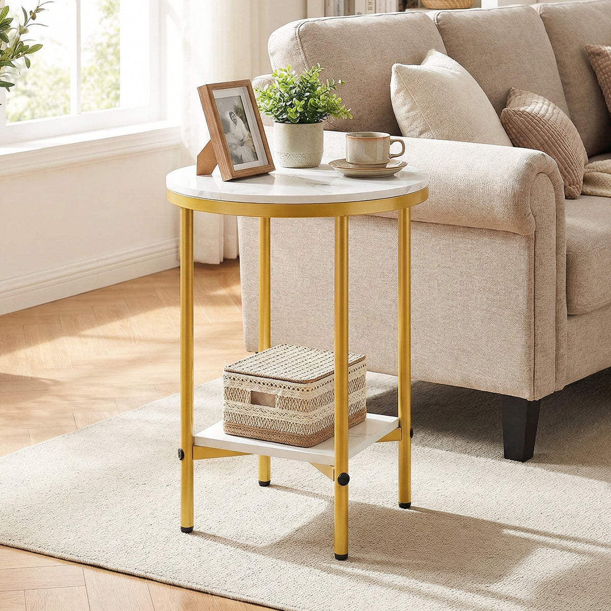 Side Table Modern Round End Table with Faux Marble Top and Bottom Storage Shelf-White