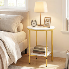 Side Table Modern Round End Table with Faux Marble Top and Bottom Storage Shelf-White