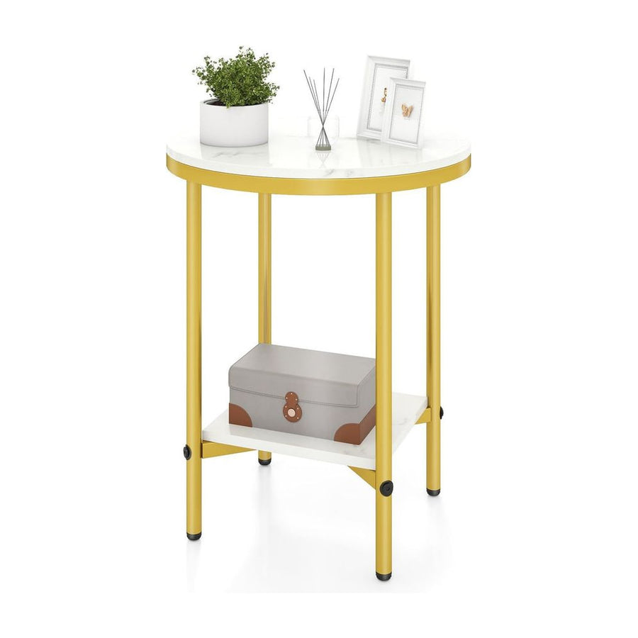 Side Table Modern Round End Table with Faux Marble Top and Bottom Storage Shelf-White