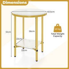 Side Table Modern Round End Table with Faux Marble Top and Bottom Storage Shelf-White