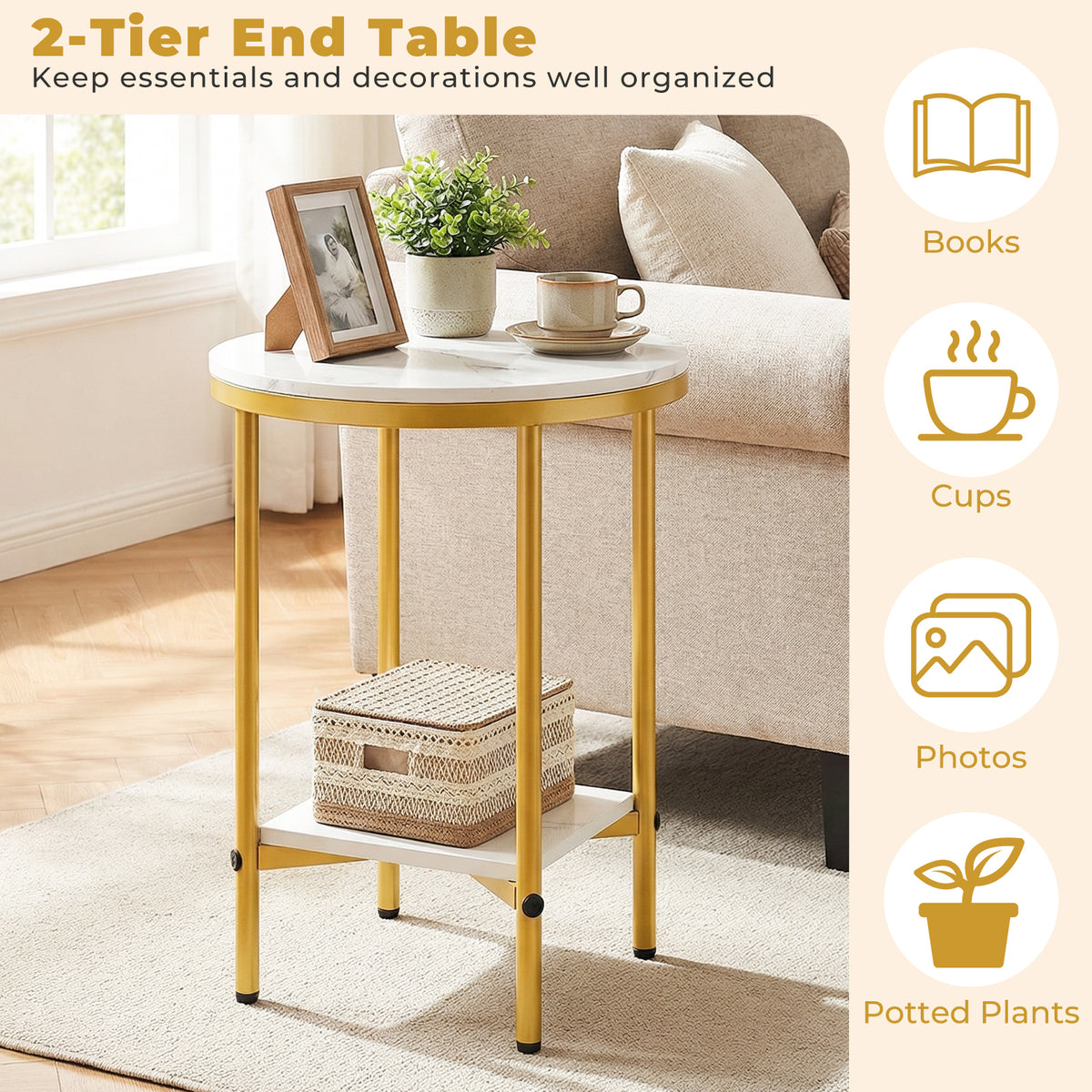 Side Table Modern Round End Table with Faux Marble Top and Bottom Storage Shelf-White