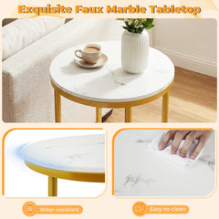 Side Table Modern Round End Table with Faux Marble Top and Bottom Storage Shelf-White