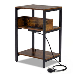 Side Table with Charging Station 3-Tier End Table with Open Storage Shelves-Rustic Brown