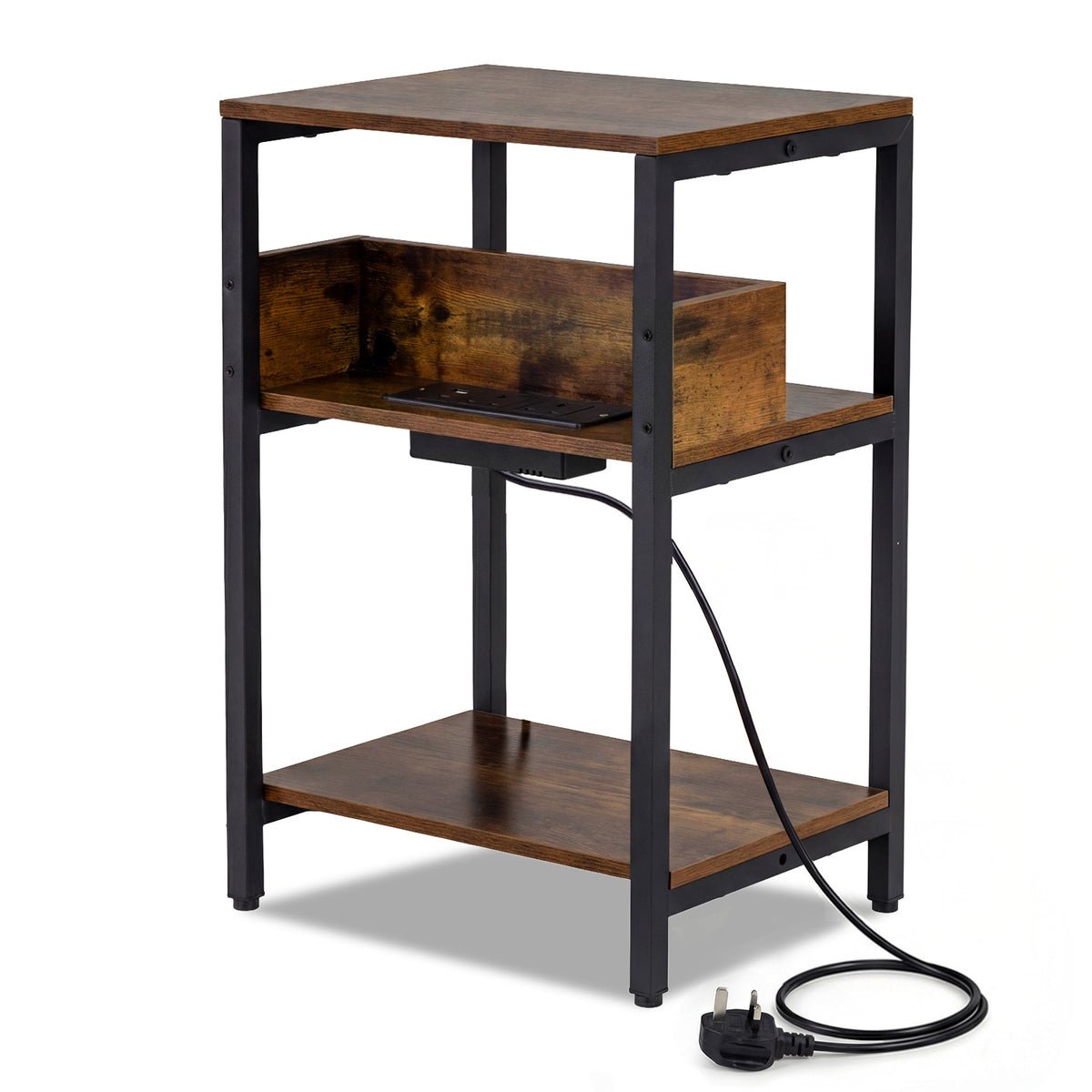 Side Table with Charging Station 3-Tier End Table with Open Storage Shelves-Rustic Brown