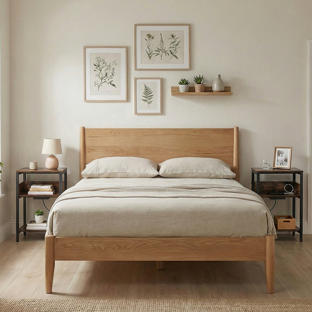 Side Table with Charging Station 3-Tier End Table with Open Storage Shelves-Rustic Brown