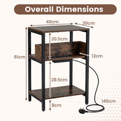 Side Table with Charging Station 3-Tier End Table with Open Storage Shelves-Rustic Brown