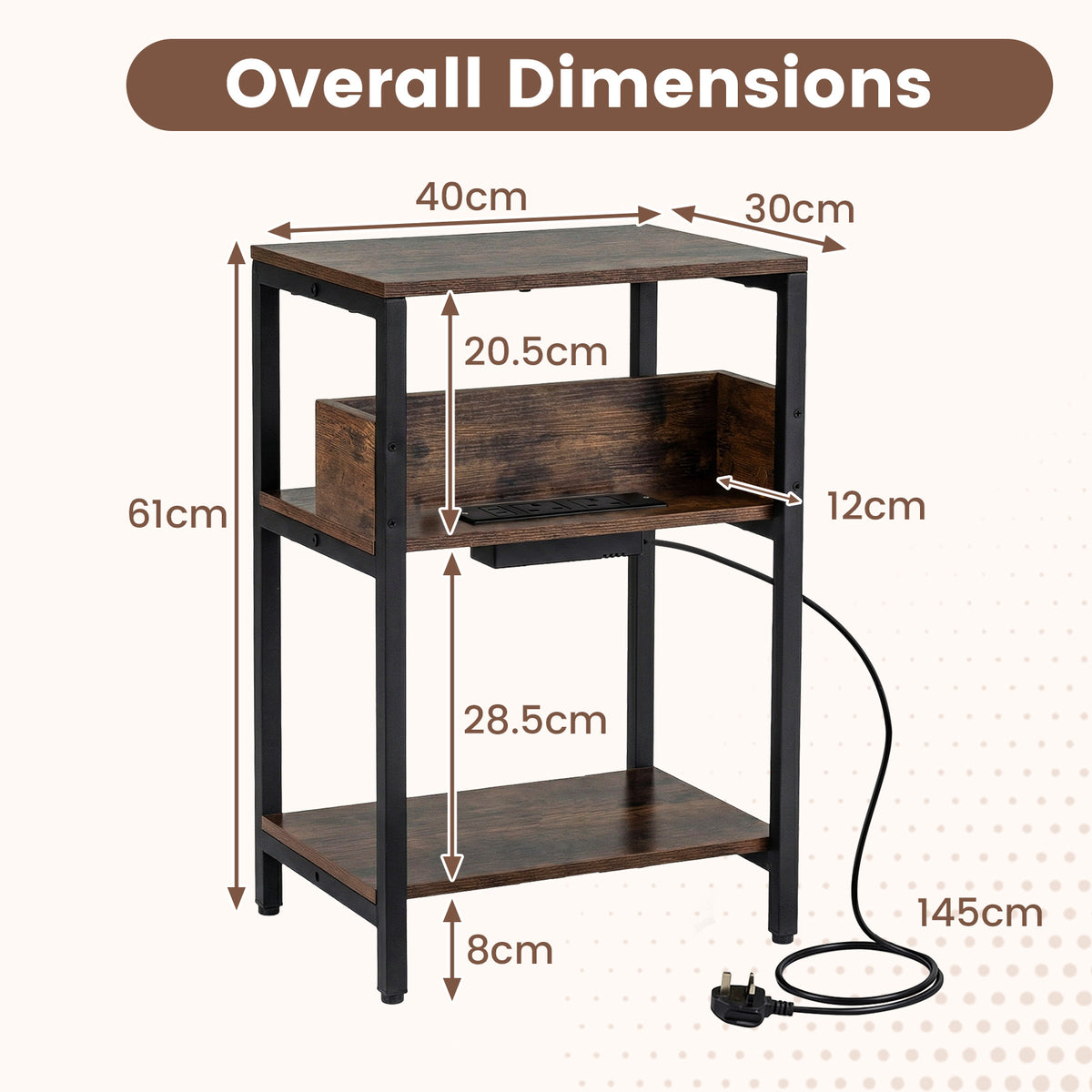 Side Table with Charging Station 3-Tier End Table with Open Storage Shelves-Rustic Brown