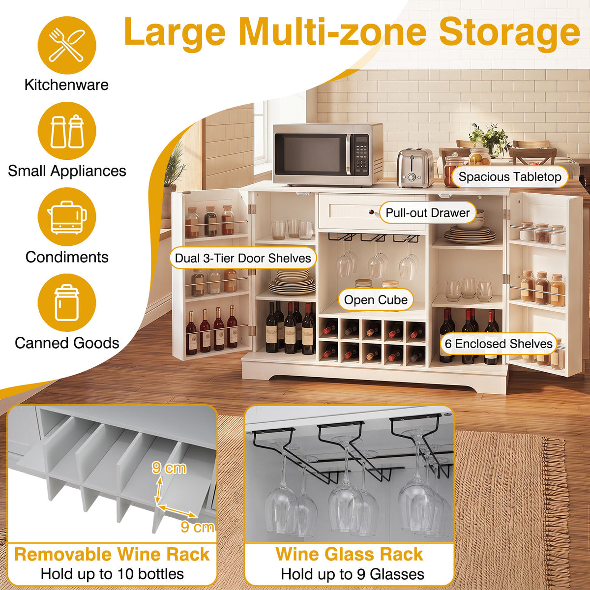 Sideboard Cabinet 120 CM Kitchen Storage Cabinet with Door Shelves-White