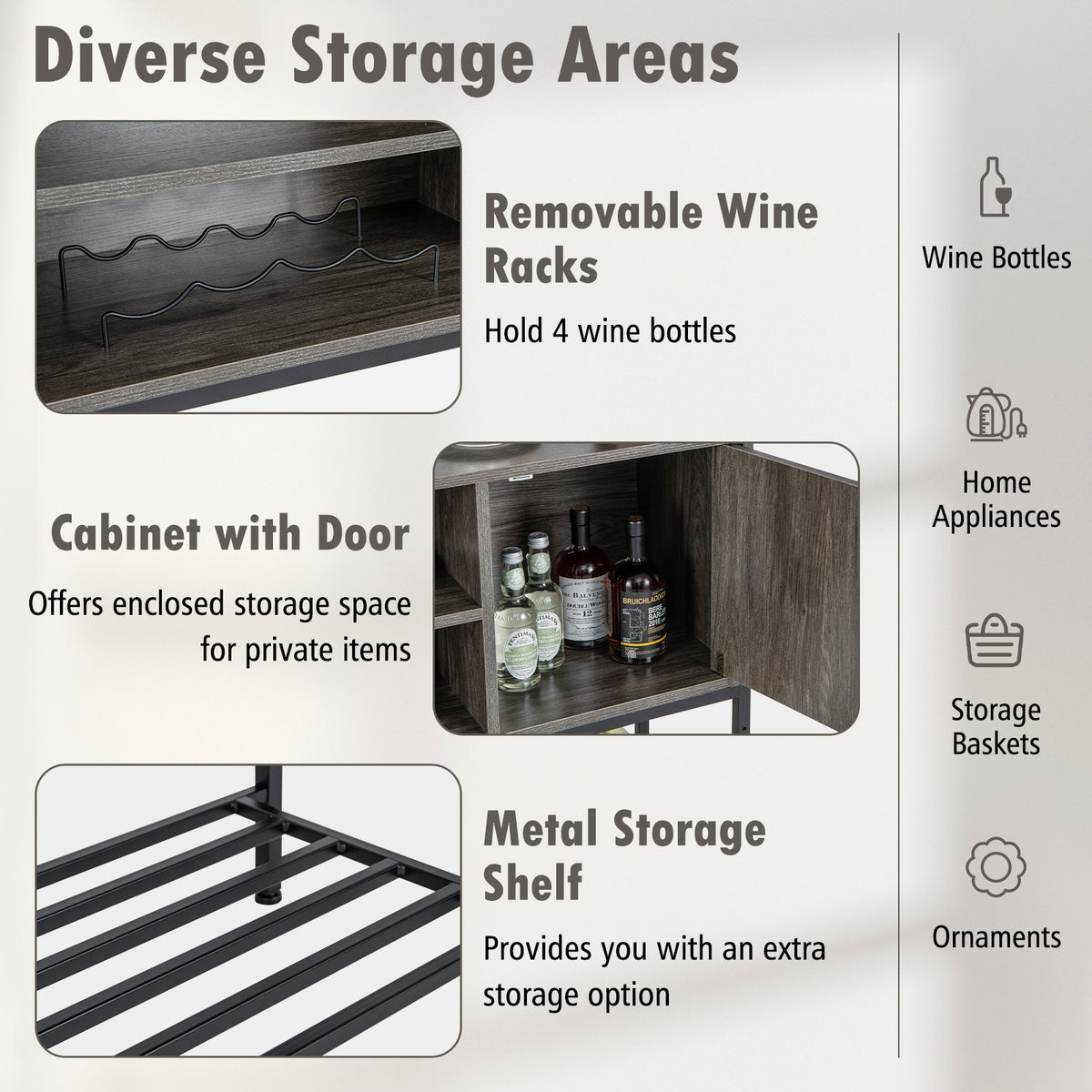 Sideboard Buffet Cabinet with Wine Racks and Storage Shelves-Grey