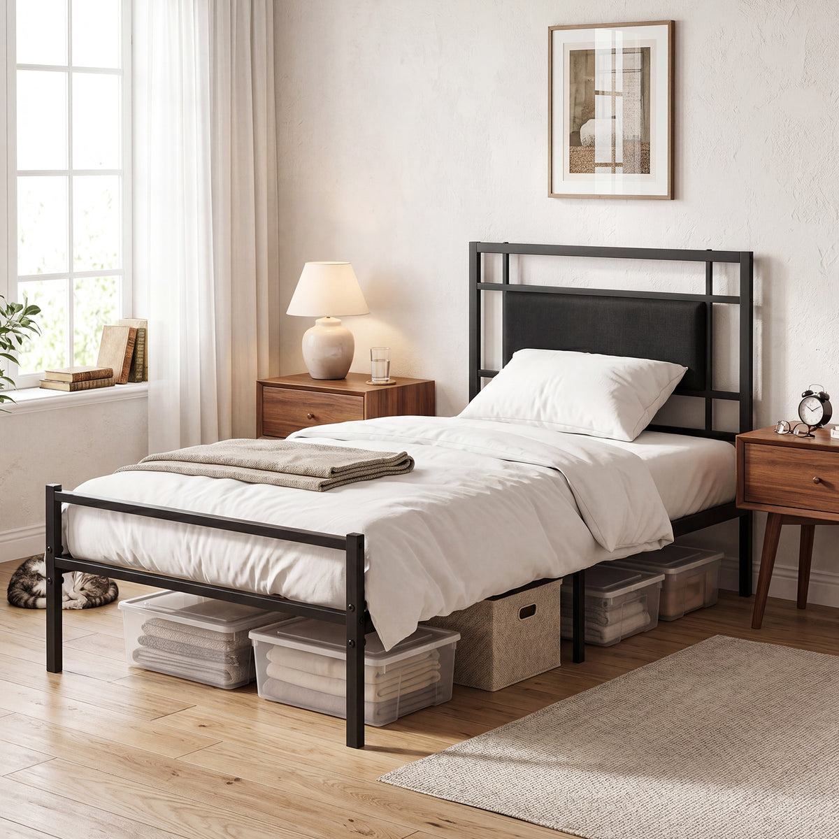 Single Bed Frame with Upholstered Headboard and Metal Slat Support-Black Single Size