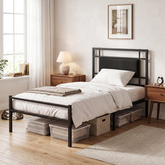 Single Bed Frame with Upholstered Headboard and Metal Slat Support-Black Single Size