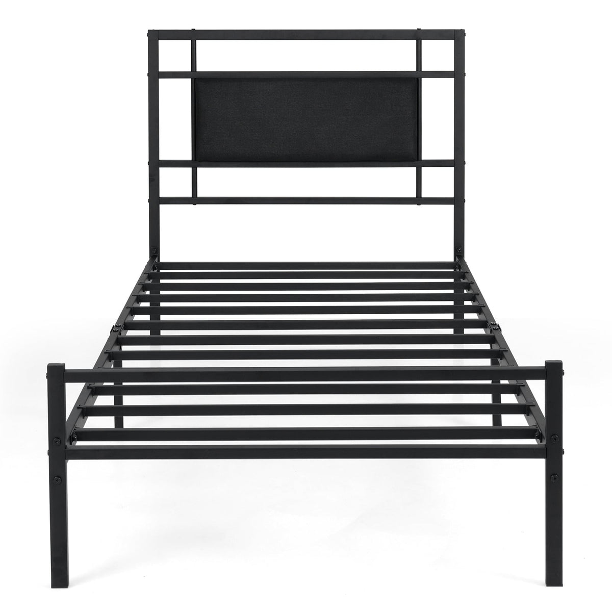 Single Bed Frame with Upholstered Headboard and Metal Slat Support-Black Single Size