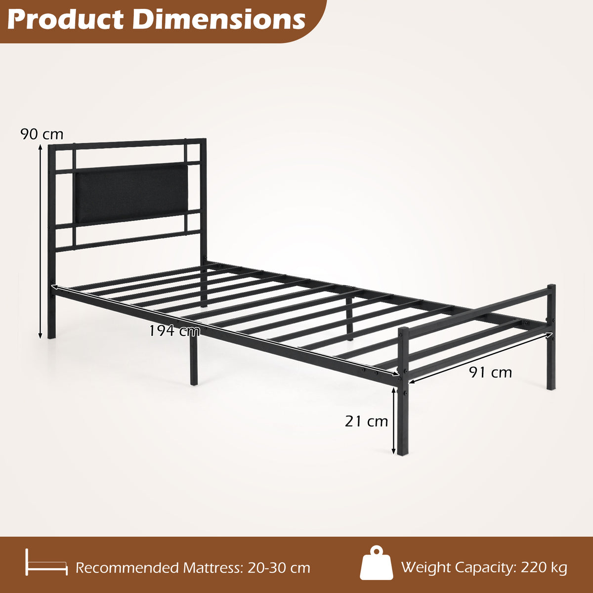 Single Bed Frame with Upholstered Headboard and Metal Slat Support-Black Single Size