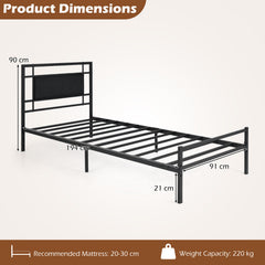 Single Bed Frame with Upholstered Headboard and Metal Slat Support-Black Single Size
