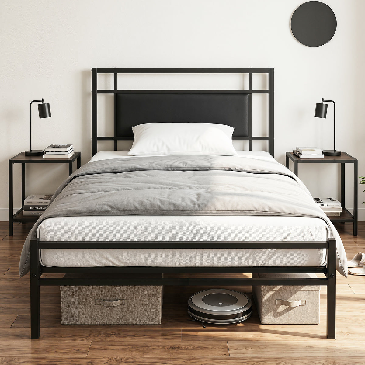 Single Bed Frame with Upholstered Headboard and Metal Slat Support-Black Single Size