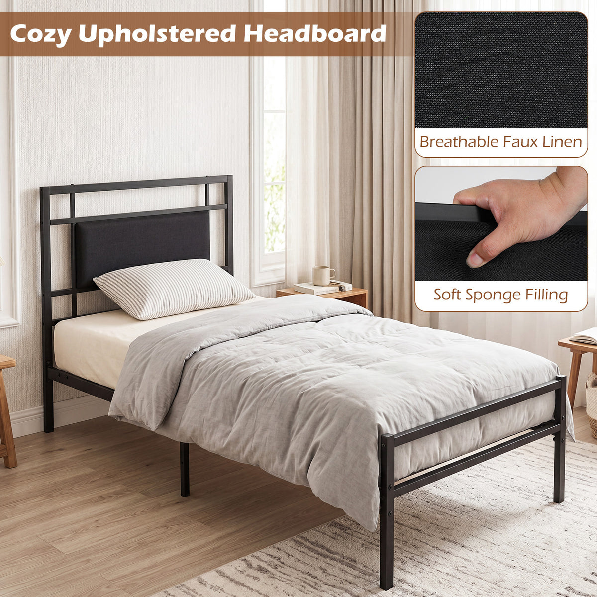 Single Bed Frame with Upholstered Headboard and Metal Slat Support-Black Single Size