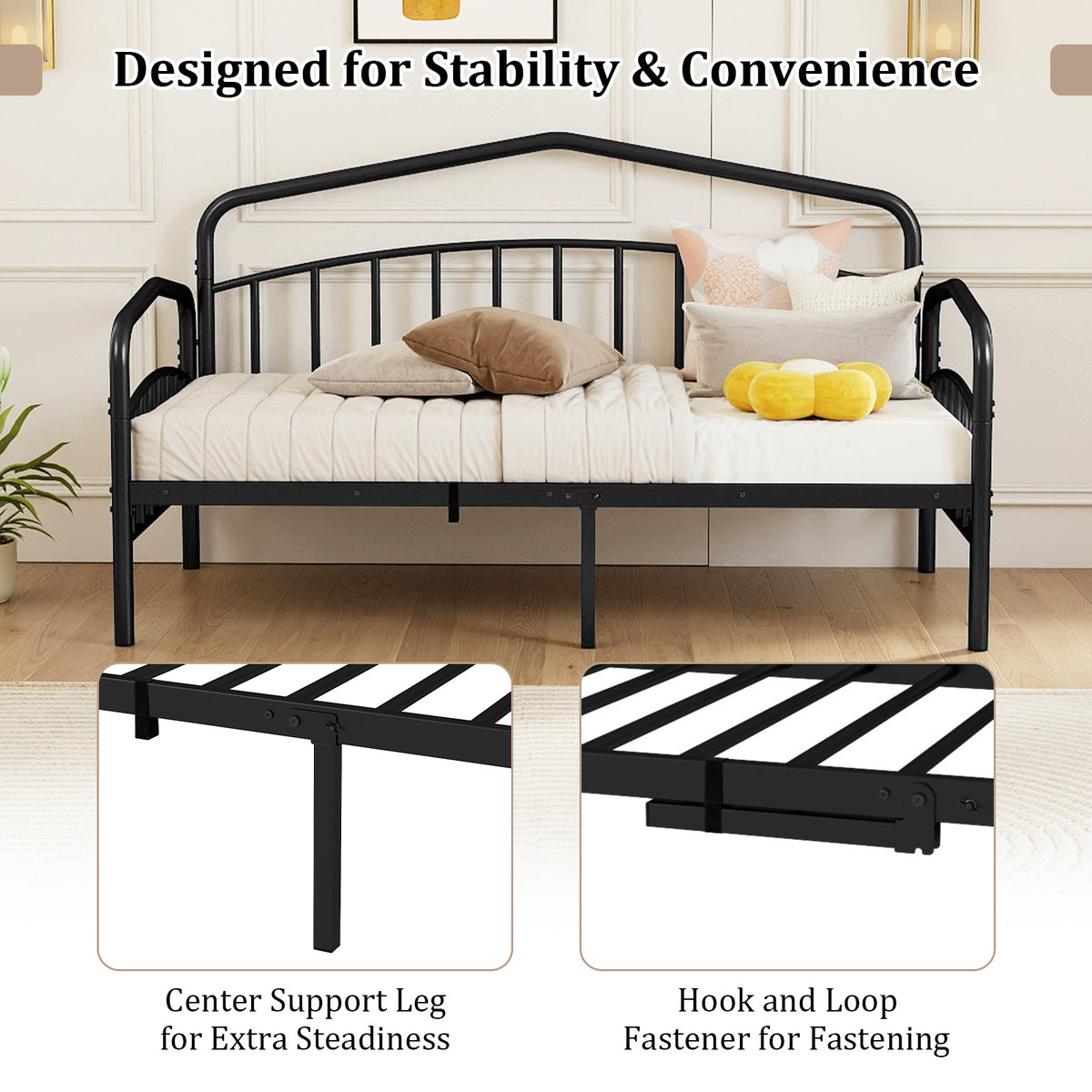 Single Daybed with Rolling Trundle & Lockable Wheels No Box Spring for Bedoom