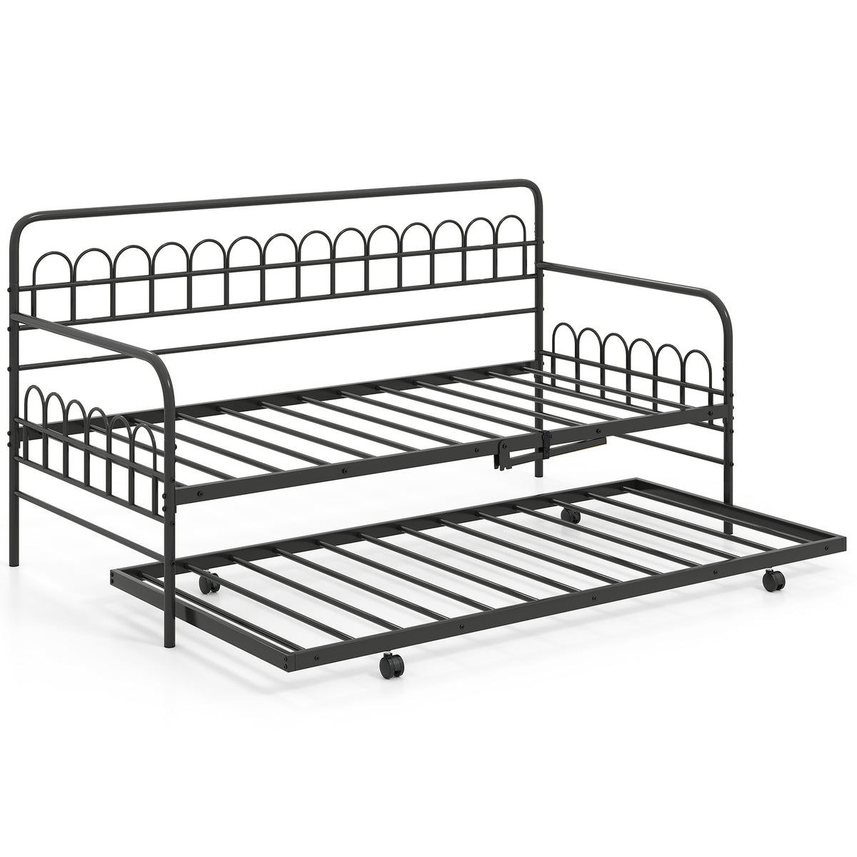 Single Daybed with Trundle and Curved Backrest and Armrests No Box Spring Needed-Black