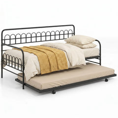 Single Daybed with Trundle and Curved Backrest and Armrests No Box Spring Needed-Black