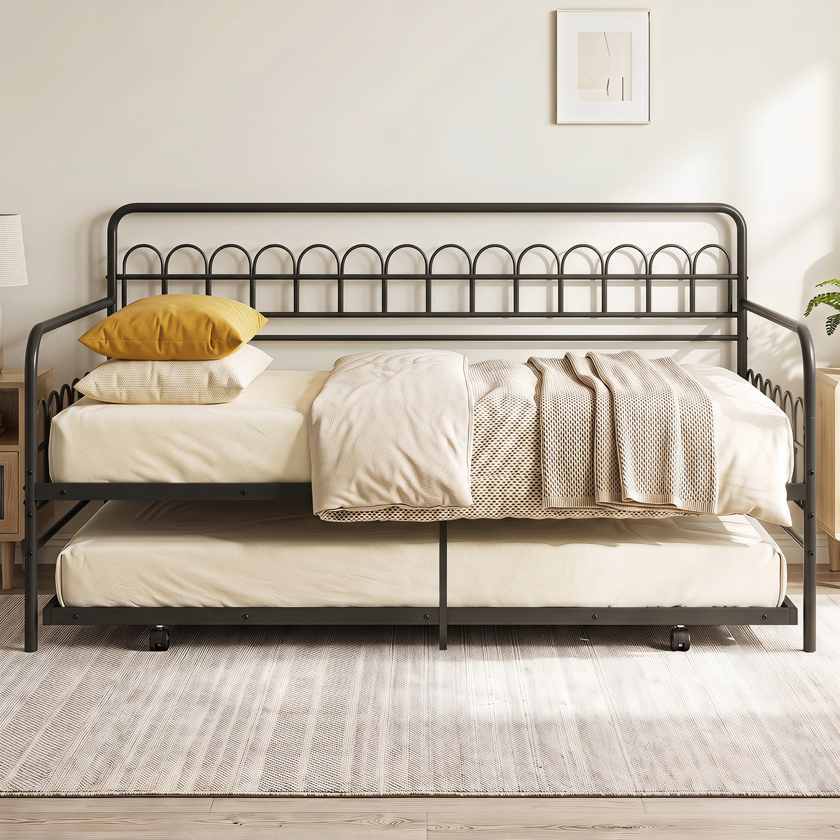 Single Daybed with Trundle and Curved Backrest and Armrests No Box Spring Needed-Black