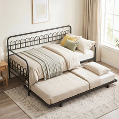 Single Daybed with Trundle and Curved Backrest and Armrests No Box Spring Needed-Black