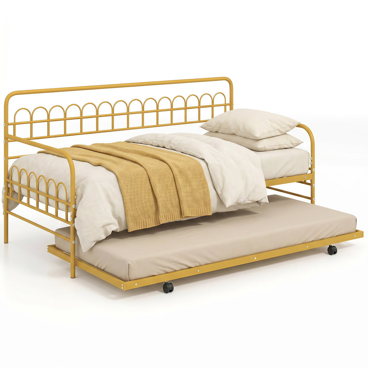 Single Daybed with Trundle and Curved Backrest and Armrests No Box Spring Needed-Gold