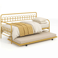 Single Daybed with Trundle and Curved Backrest and Armrests No Box Spring Needed-Gold