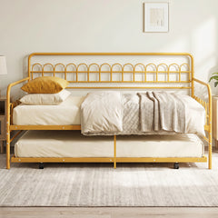 Single Daybed with Trundle and Curved Backrest and Armrests No Box Spring Needed-Gold