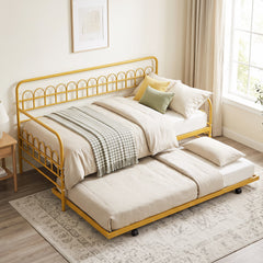 Single Daybed with Trundle and Curved Backrest and Armrests No Box Spring Needed-Gold