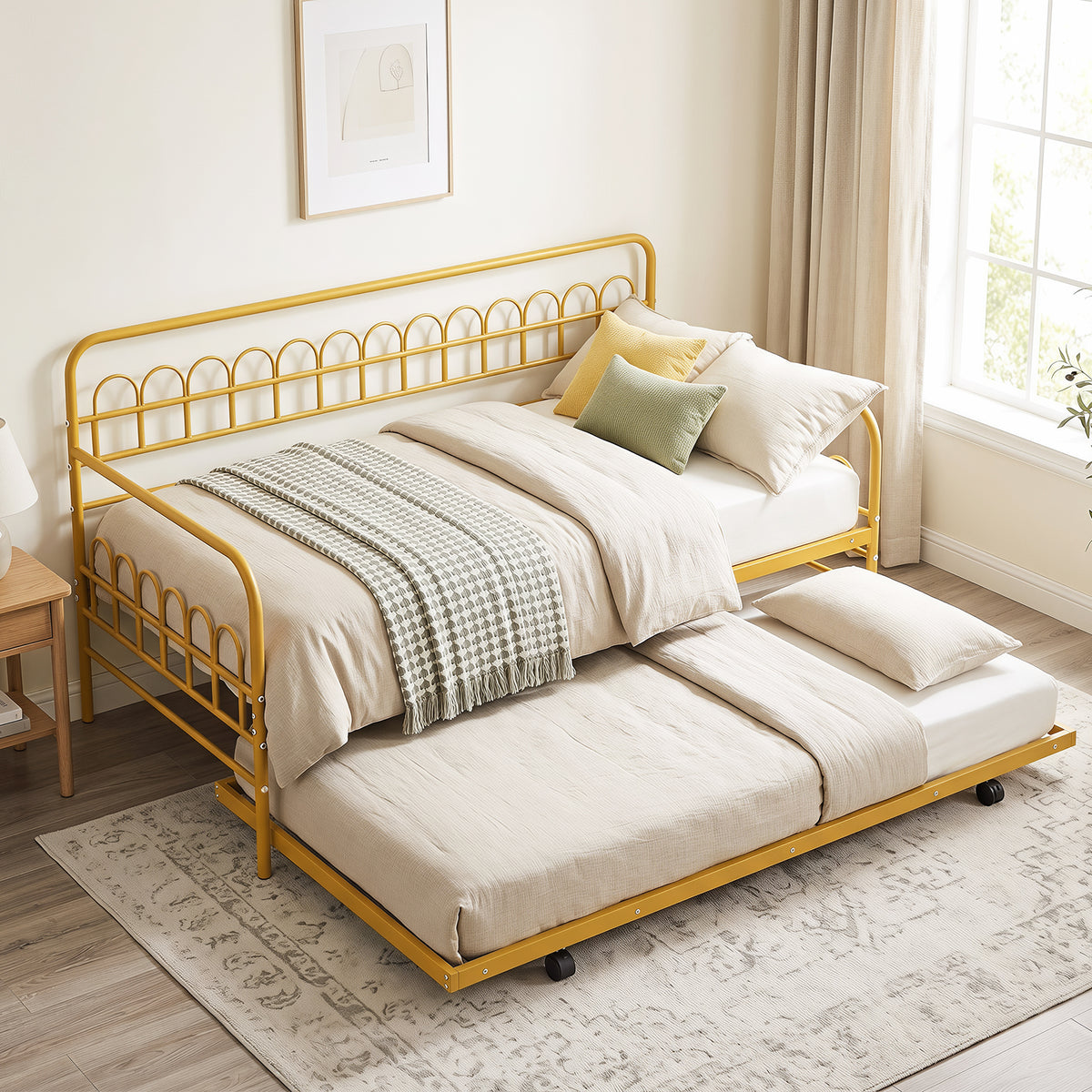 Single Daybed with Trundle and Curved Backrest and Armrests No Box Spring Needed-Gold