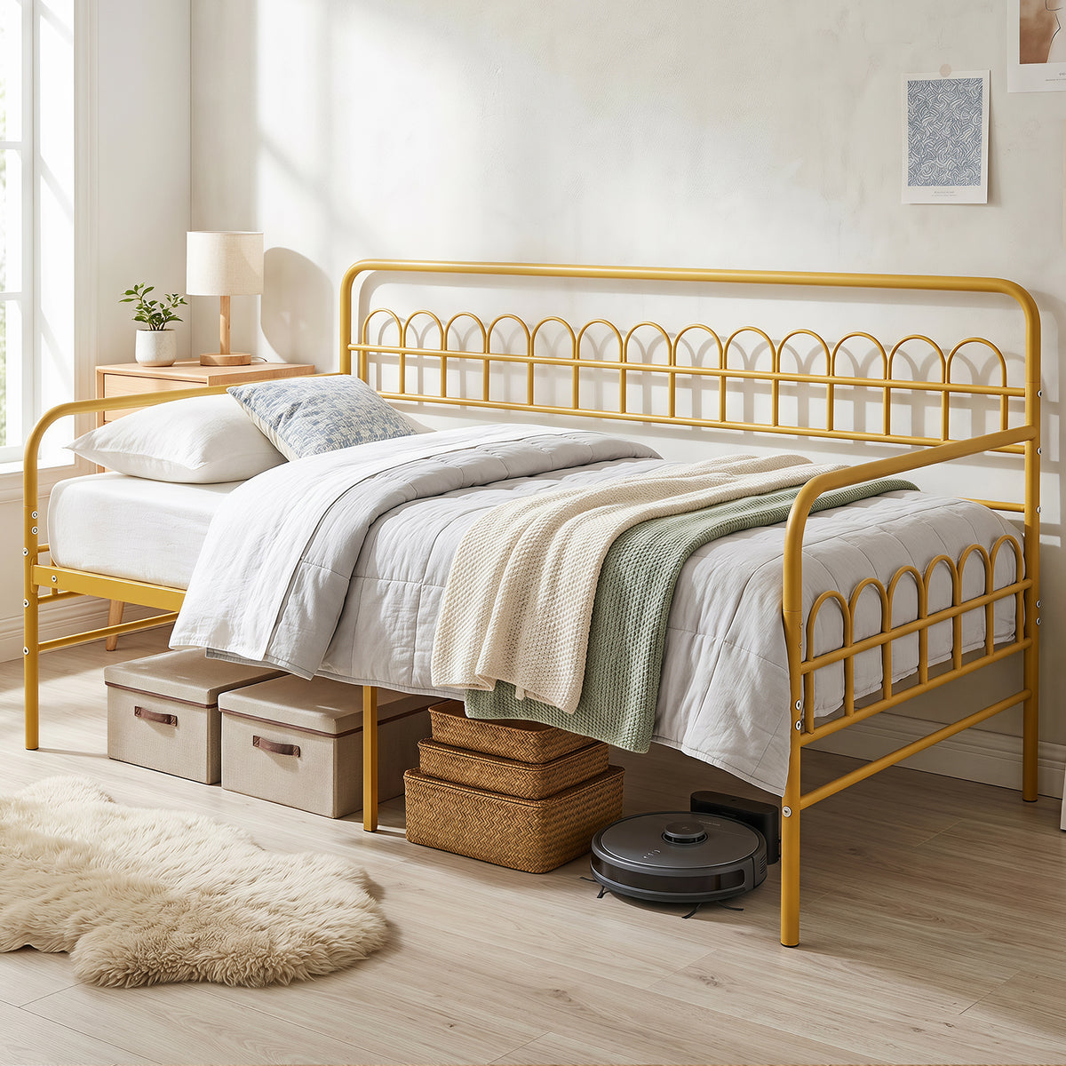 Single Daybed with Trundle and Curved Backrest and Armrests No Box Spring Needed-Gold
