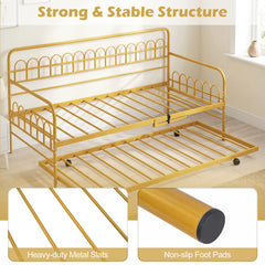 Single Daybed with Trundle and Curved Backrest and Armrests No Box Spring Needed-Gold