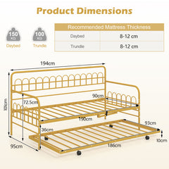 Single Daybed with Trundle and Curved Backrest and Armrests No Box Spring Needed-Gold