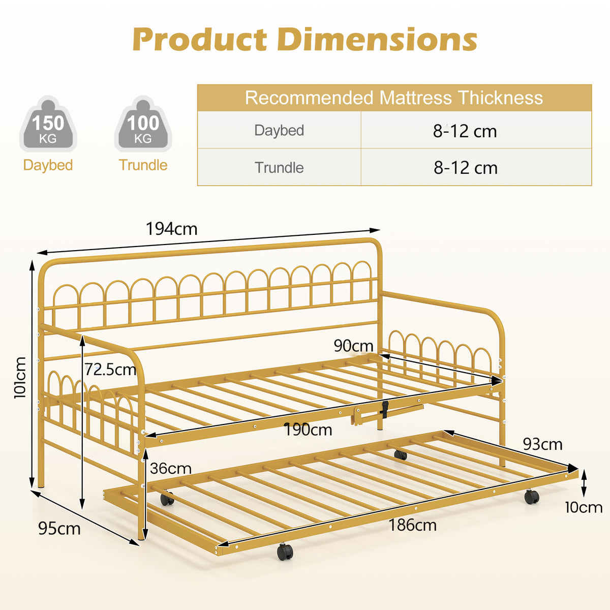 Single Daybed with Trundle and Curved Backrest and Armrests No Box Spring Needed-Gold
