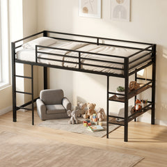 Single Metal Loft Bed with Storage Shelves and Guardrails and Ladder-Rustic Brown