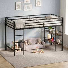 Single Metal Loft Bed with Storage Shelves and Guardrails and Ladder-Rustic Brown
