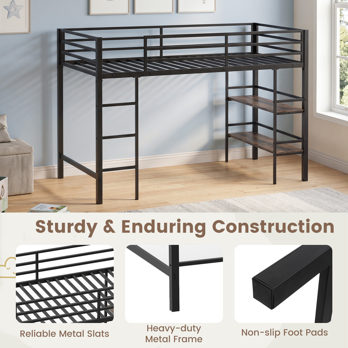 Single Metal Loft Bed with Storage Shelves and Guardrails and Ladder-Rustic Brown