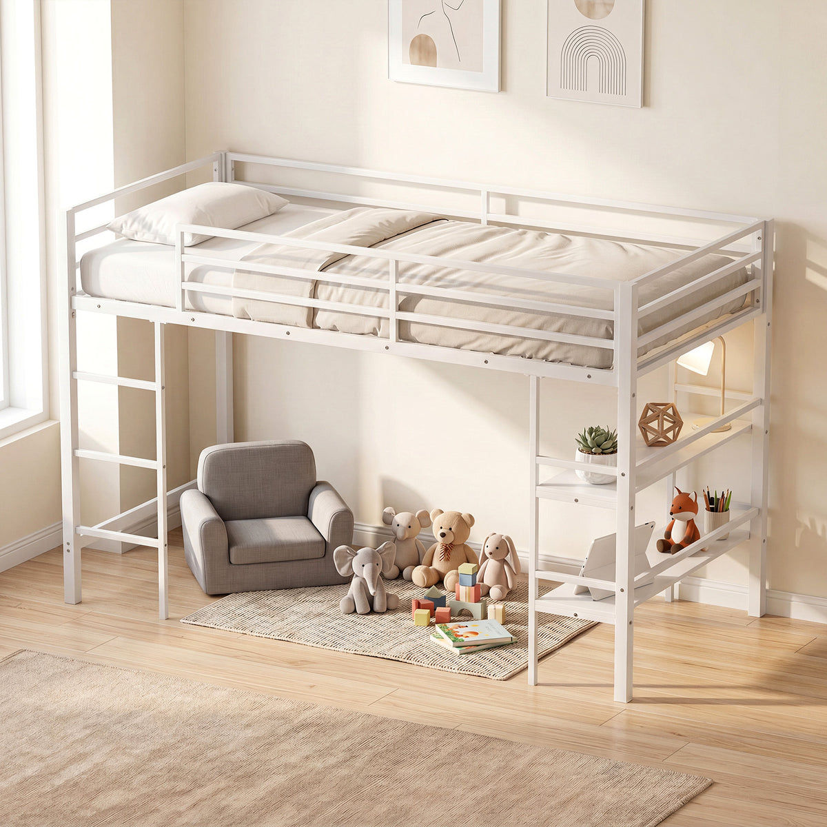 Single Metal Loft Bed with Storage Shelves and Guardrails and Ladder-White