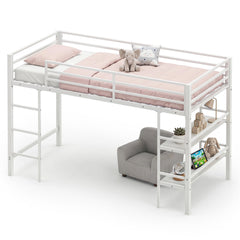 Single Metal Loft Bed with Storage Shelves and Guardrails and Ladder-White